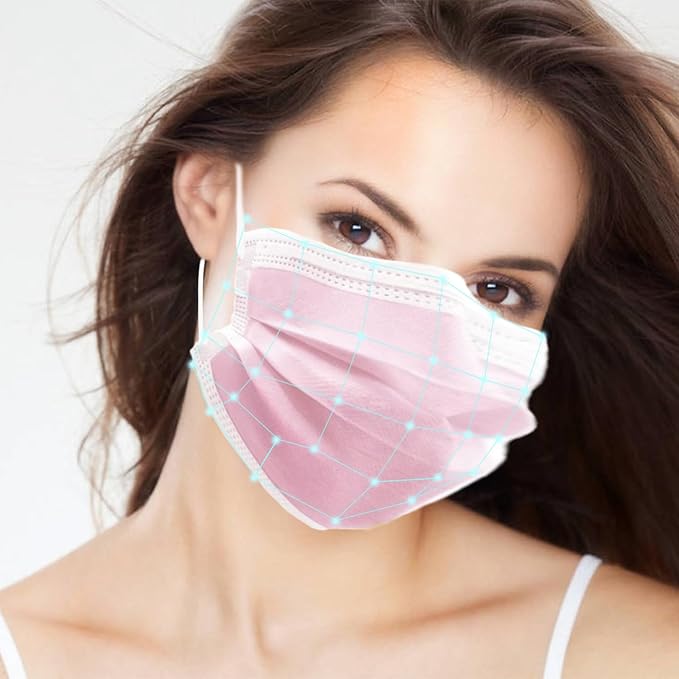 100Pcs Pink Disposable Face Mask, 3 Ply Masks with Soft Elastic Ear loops