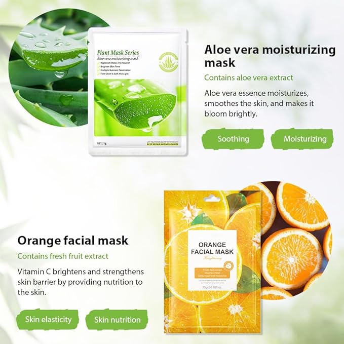 6 PCS Real Hydrating Avocado Honey Orange Aloe Vera Nature Face Masks Skincare, Hyaluronic Acid, Vitamin C and E, Chamomile, Korean Beauty Essence Facial Paper Sheet Mask for Skin Care Moisturizing