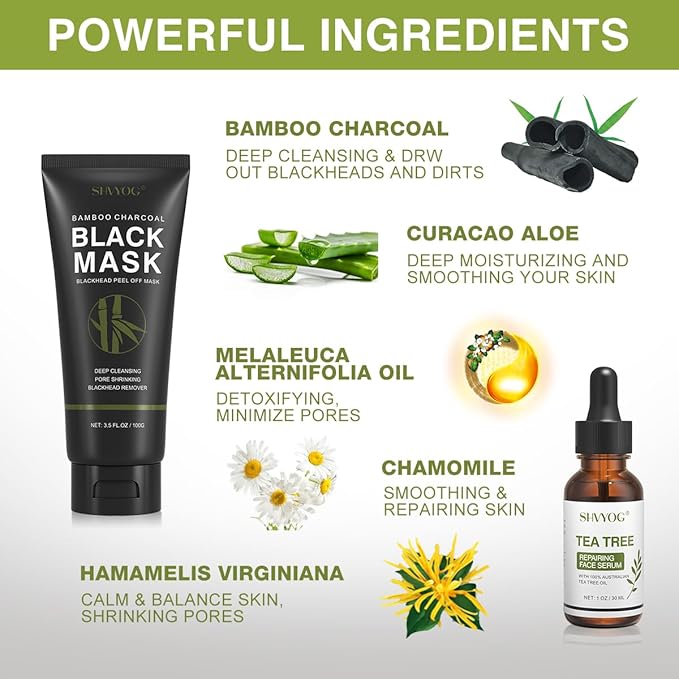 SHVYOG Blackhead Peel Off Face Mask, 3-in-1 Blackhead Remover Mask with Brush & Tea Tree Oil Serum, Charcoal Mask for Deep Cleansing Dirts, Pores, Skin Oil (100g+30ml)