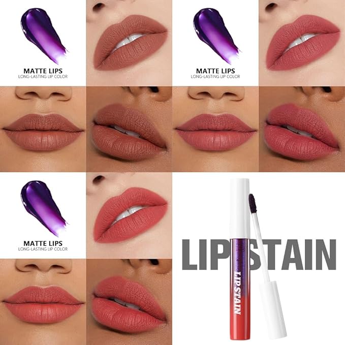 3Pcs Matte Liquid Lip Stain Peel Off Lip liner Tattoo with Tweezer, Nude Brown & Brownish Red & Orange Red Lipstick Lipstain Long Lasting Waterproof for Women, Highly Pigmented Not Faded Smudge-proof