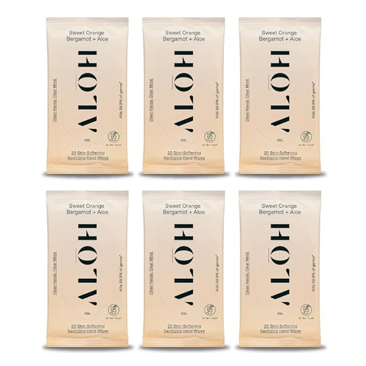 ALŌH Sweet Orange Bergamot + Aloe Sanitizing Hand Wipes - Clean Hands, Clear Mind - On The Go Hand Sanitizer Wipes for Kids and Adults - Travel Size 6 Packs 20ct Wipes (120 wipes)