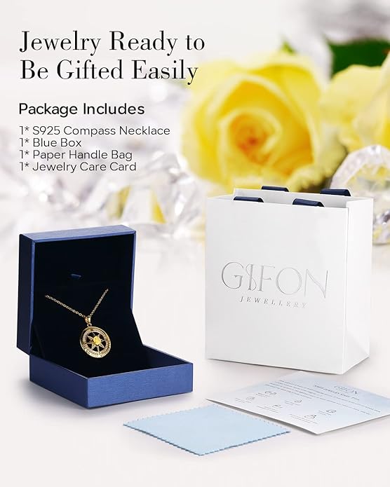 S925 Necklace Gift for Wife |Compass Jewelry |Women Anniversary |Sterling Silver |Girlfriend Birthday Gifts for Her Valentines |I'd be Lost without You |Jewel 18K Gold