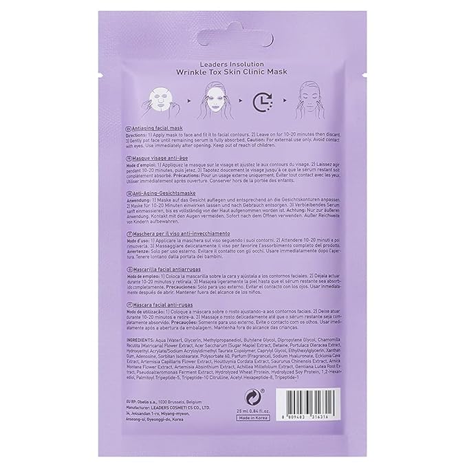 Leaders Insolution Wrinkle Tox Skin Clinic Mask | Adenosine-Infused Anti-Aging Facial Sheet for Fine Lines, Wrinkles, and Firmness | Premium Grade Cotton, Collagen Boosting (10 Sheets)
