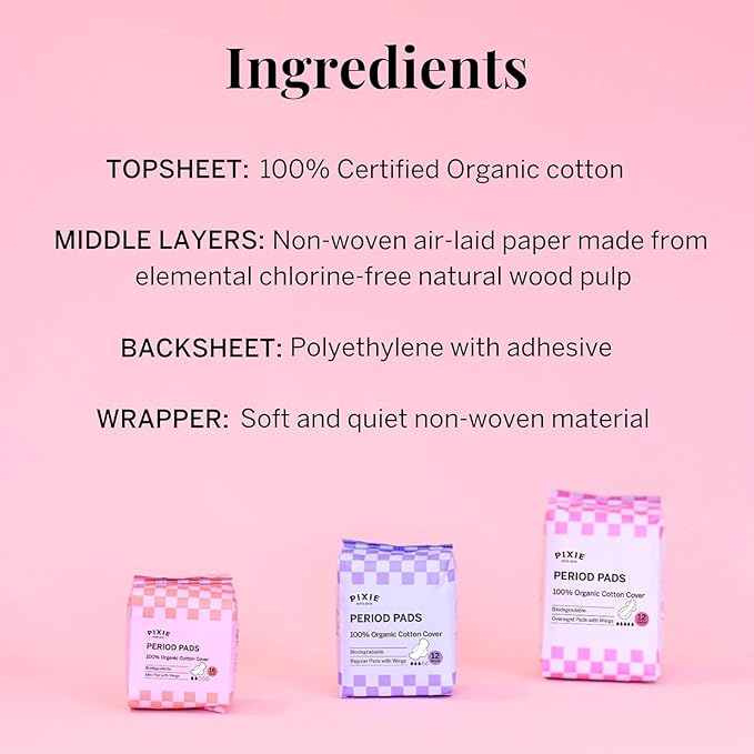 Pixie Organic Cotton Pads for Women - Ultra Thin with Wings, Leak-Proof & Moisture-Wicking - Compostable, Unscented Menstrual Pads - Regular Absorbency - 12 Count