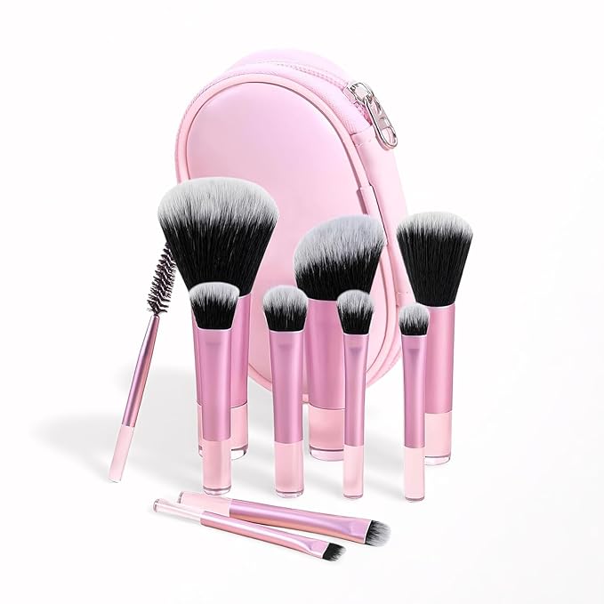 Kingtree 10PCS Mini Makeup Brushes with Pouch, Portable Makeup Brush Travel Set, Easy-taken ON THE GO Makeup Brush Full Complete Function Cosmetic Brushes for Girls
