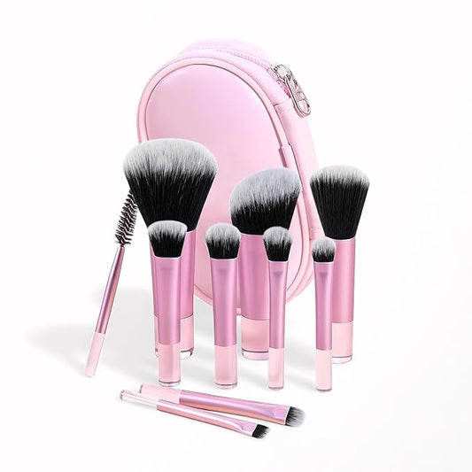 Kingtree 10PCS Mini Makeup Brushes with Pouch, Portable Makeup Brush Travel Set, Easy-taken ON THE GO Makeup Brush Full Complete Function Cosmetic Brushes for Girls