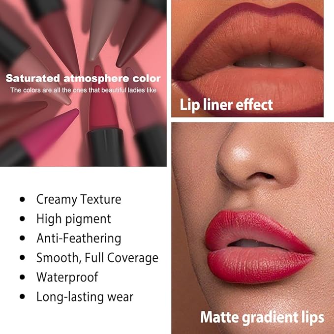 Purple Gradient Matte Lipstick Crayon Lip Liner pencil,Crayon Form and Cone Tip 2-in-1 Lip Liner and Lipstick Lip Combo Set Achieve Flawless Contour Gradual Ombre Effect lip Pencil for Old Women