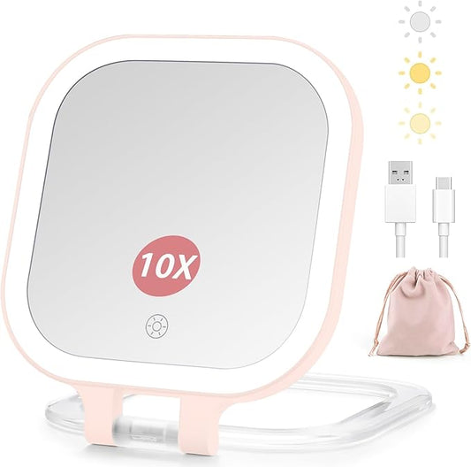 DESCHEN Rechargeable Travel Makeup Vanity Mirror with Lights and Magnification, Portable 1X/10X Magnifying Mirror with 3 Color Light, Lighted Makeup Mirror with Magnification, Folding LED Desk - Pink