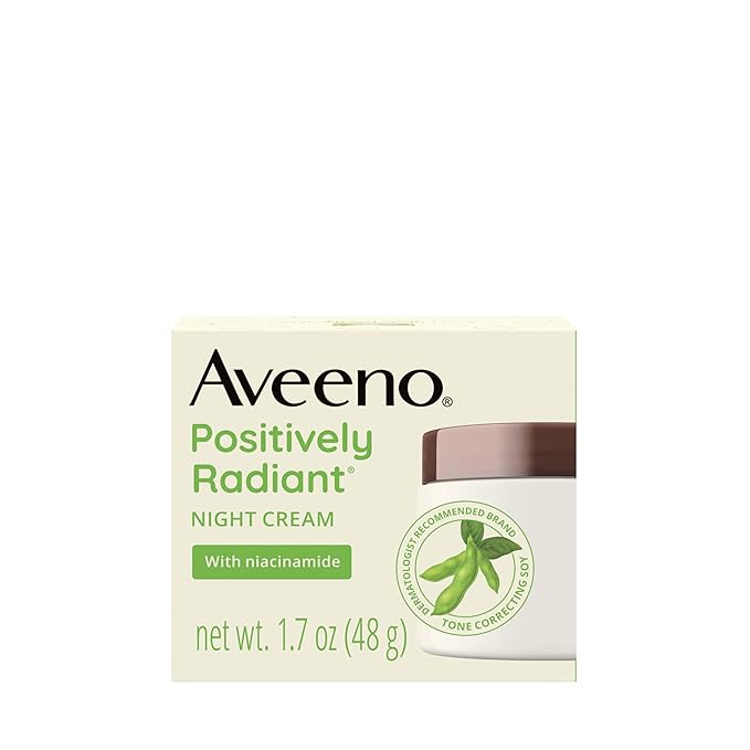 Aveeno Positively Radiant Moisturizing Face & Neck Night Cream with Tone Correcting Soy & Niacinamide, Night Cream Targets Dull Skin & Evens Skin Tone & Texture, Hypoallergenic, 1.7 oz
