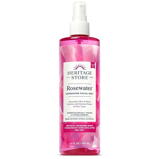 HERITAGE STORE Rosewater - Refreshing Facial Mist for Glowing Skin with Damask Rose, All Skin Types - Rose Water Spray for Face, Made Without Dyes or Alcohol, Hypoallergenic, Vegan, Cruelty Free, 12oz