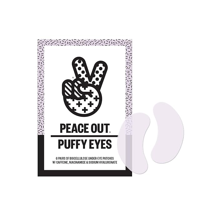 PEACE OUT Skincare Puffy Eyes, Biocellulose Under-Eye Mask, Minimize Puffiness & Tired Eyes with Caffeine and Niacinamide, Under Eye Patches for Dark Circles, 6 pairs