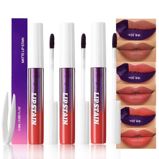 3Pcs Matte Liquid Lip Stain Peel Off Lip liner Tattoo with Tweezer, Nude Brown & Brownish Red & Orange Red Lipstick Lipstain Long Lasting Waterproof for Women, Highly Pigmented Not Faded Smudge-proof
