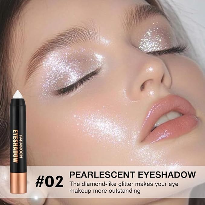 Monochrome Cream Glitter-Shimmer Eye Shadow Stick Palette makeup | 2-in-1 Eyeshadow & Eyeliner Pencil for Women | Waterproof, Vegan & Cruelty-Free | Sombras Para Ojos | 02 Shimmer White