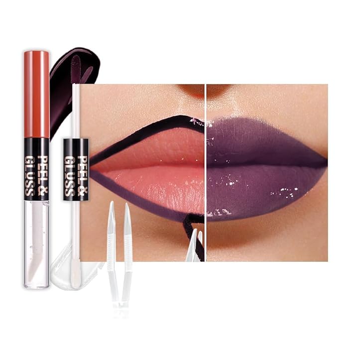 Dark Purple Peel off Lip Stain Lip Oil Dual Ended Combo Set with Tweezer, 2 in 1 Lips Liner Stain Oil Long Lasting Waterproof, High Pigmented Flawless Lips Tint Stick Not Faded Vegan & Cruelty-free