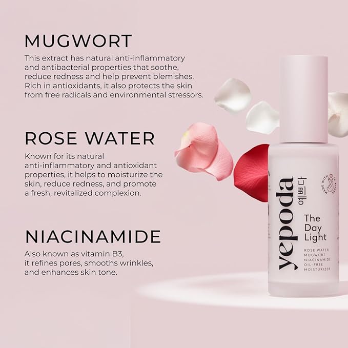 Yepoda The Day Light, Oil-Free Purifying Day Moisturizer with Rose Water, Mugwort & Niacinamide, Hydrating Vegan Korean Facial Moisturizer for All Skin Types, 1.69 FL. OZ. (50 ml)