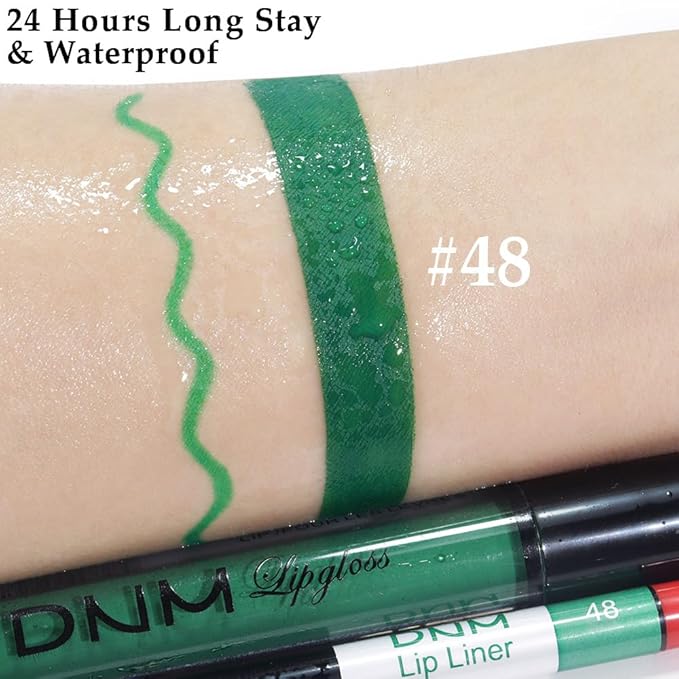 AMY'S DIARY 2Pcs Green Matte Lip Liner and Lipstick Makeup Set, Green Lip Stain Lip Gloss Matt Liquid Lipstick 24H Long Lasting lapiz labiales mate 24 horas originales larga duracion (green 48#)