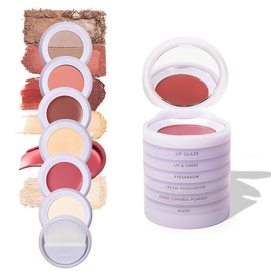 Subtl Staks 6-in-1 Stackable Travel Makeup Kit by Subtl Beauty - New Lip Glaze, Eyeshadow, Highlighter, Lip + Cheek, Blush, Shine Control - Includes Mirror & Brush - Compact Makeup for On the Go