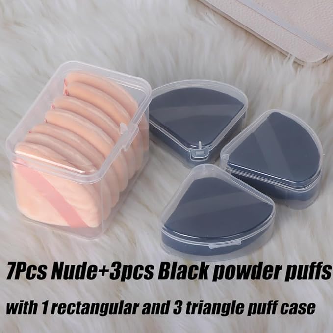 Ocim 10Pcs Triangle Powder Puffs for Face Powder,Soft Velour Triangular Beauty Puff,Makeup Pressed,Baking & Setting Powder Sponge Applicator Pads with Case,Black&Nude