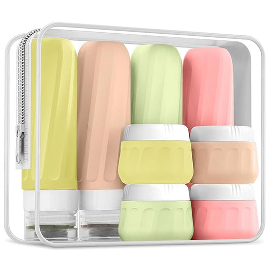 Travel Bottles for Toiletries 8 Pack, Travel Size Toiletries, Tsa Approved Travel Size Containers 3oz, with Travel Essentials Clear Bag, Leak Proof Silicone Squeezable Creams Jars