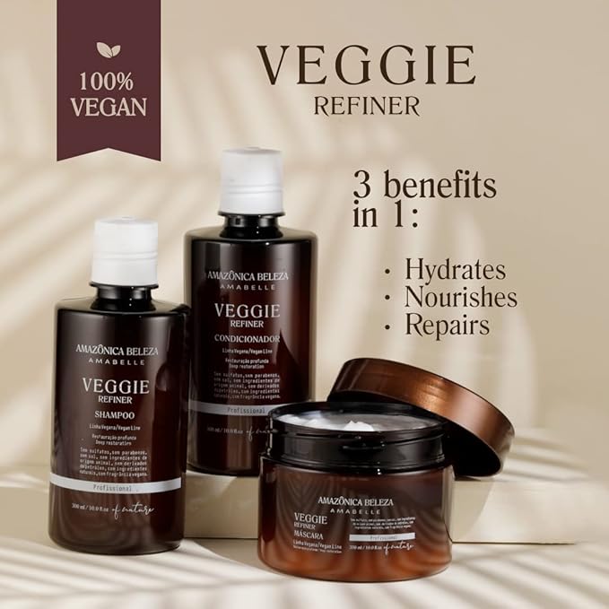 AMAZONICA BELEZA Vegan Veggie Refiner Kit, Nourishes, Moisturizes and Repairs, Sulfate, Parabens and Cruelty Free, Shampoo, Conditioner and Mask with Natural Ingredients for all Hair Types, 10 Oz