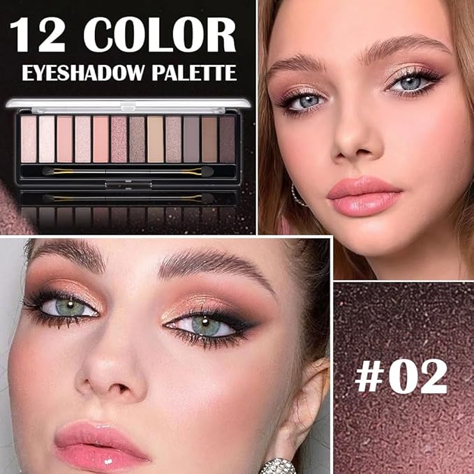 12 Colors Eyeshadow Palette – Soft Pink, Mauve & Neutral Tones with Matte, Shimmer & Glitter Finishes – Blendable Long-Lasting Waterproof Eye Makeup Palette – Romantic Lavender & Champagne Glow 02#