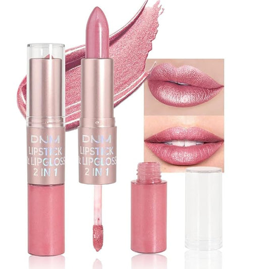 evpct 2 in 1 Light Pink Glitter Metallic Shimmer Diamond Lipstick and Lip Gloss Set for Women Long Lasting Waterproof, Bright Rose Pink Sparkle Glitter Shiny Lipstick and Lip Liner Makeup set, 01#