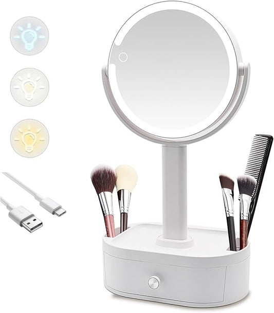 Makeup Mirror with Lights, 10X Magnifying Mirror with Light - 80 LED Vanity Mirror, 3 Color Modes & Stepless Dimming, Lighted Makeup Mirror with Magnification, Shatterproof & Stable Base