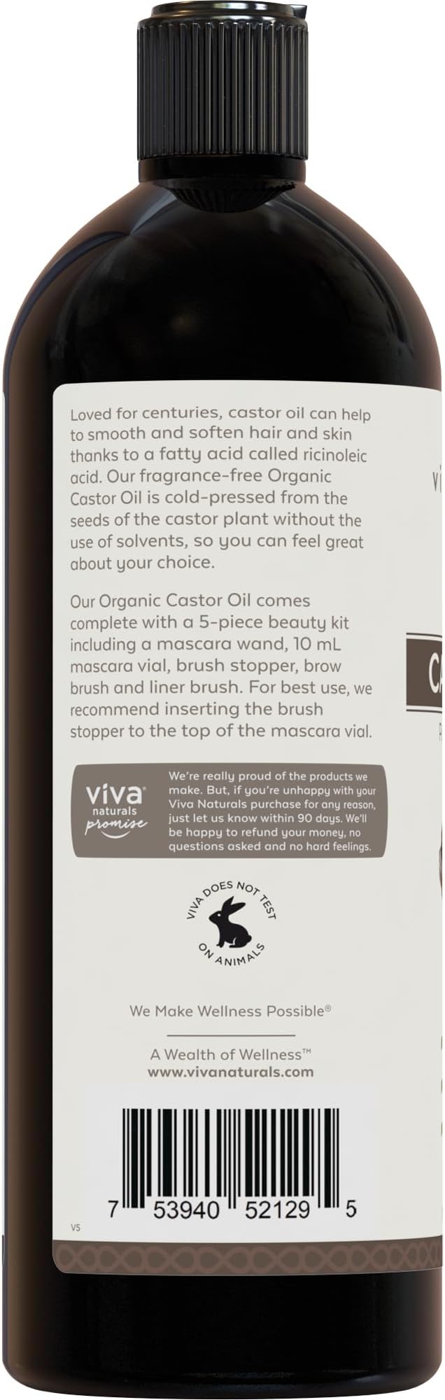 Viva Naturals Organic Castor Oil, Cold-Pressed, 16 fl oz – For Face, Hair, Eyelashes, USDA Organic, Non-GMO - With Beauty Kit