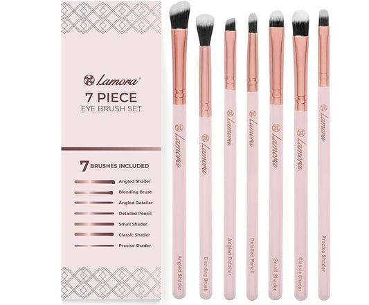 Lamora Eyeshadow Brush Set - Precision Eyeshadow Brushes For Blending Smudging Shading Defining Powdered and Liquid Eye Make-Up - 7Pc Pro Eye Makeup Brushes With Vegan Bristles