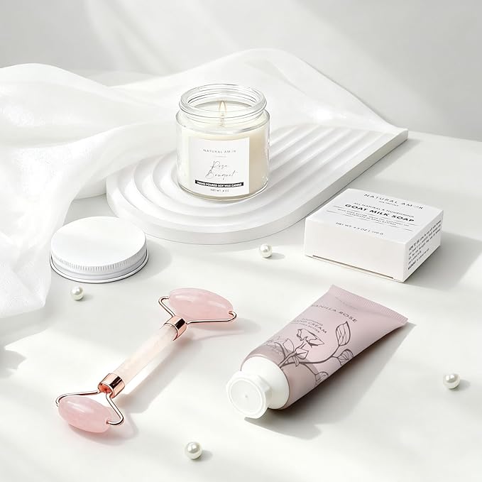 Natural Amor Spa Gift Set with Blanket 7 PCs– Handmade Bath & Body Self-Care Box – Includes Bath Bomb, Candle, Soap, Hand Cream – Perfect for Relaxation & Gifting