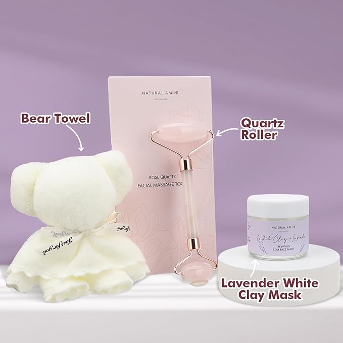 Natural Amor Lavender Spa Gift Set – 6 pcs Handmade Self-Care Kit with Body Butter, Bath Salt, Clay Mask, Candle, Jade Roller & Bear Headband – Relaxation Gift for Women