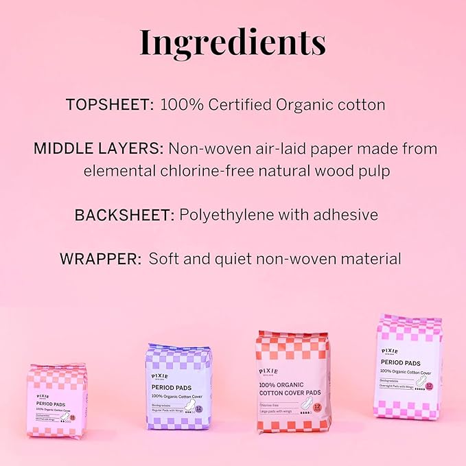 Pixie Organic Cotton Large Pads for Women - Maximum Protection When You Need It - Extra Heavy Absorbency with Wings - Leak-Proof, Hypoallergenic & Unscented - Compostable, Biodegradable - 12 Count