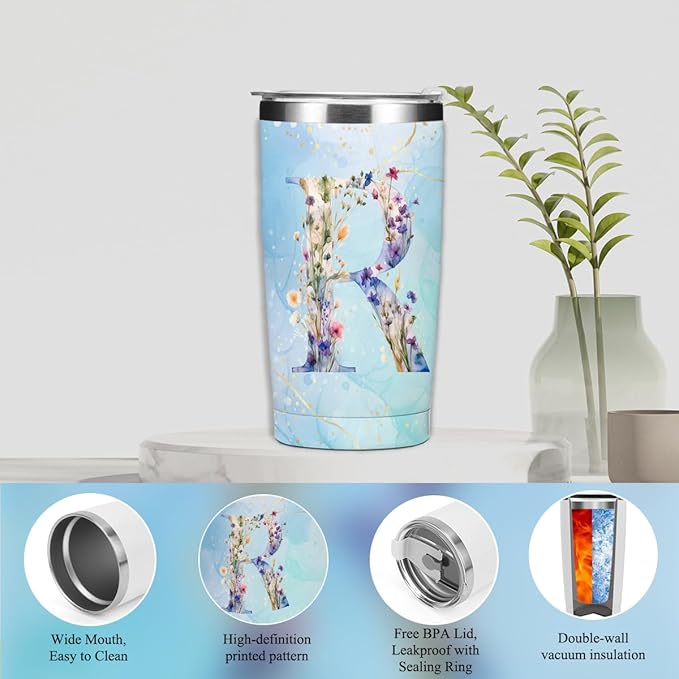 Personalized Gifts Monogrammed Birthday Gifts for Women, New Mom, Grandma Thank You Christmas, Initial 20 oz Tumbler, Makeup Cosmetic Bag Cup Pens Journal Notebook 6 Set, (Aesthetic Blue Flower R)
