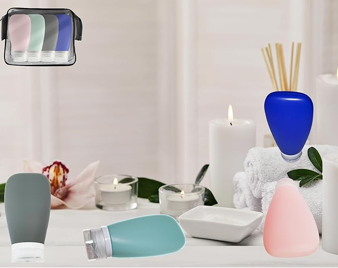 Travel Bottles for Toiletries, TSA Approved 3oz Leak Proof Silicone Refillable Squeeze Travel Size Containers BPA Free for Cleansers, Lotions, Shampoo 4pk-With Bag (P,G,Blk,BL)