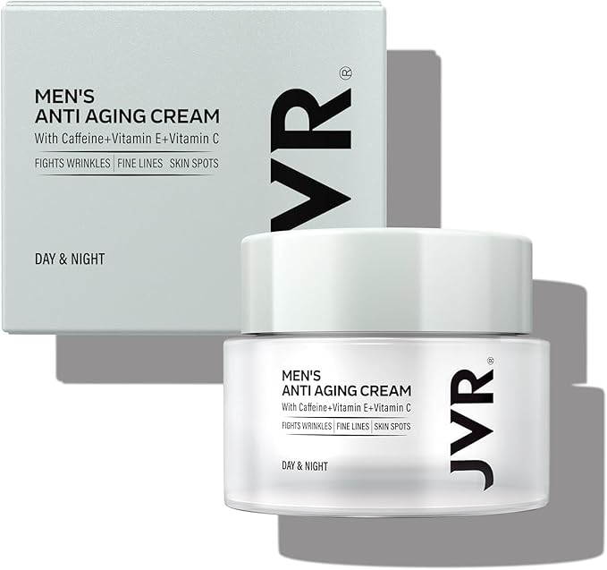 JVR Mens Face Moisturizer, Anti Aging Moisturizing Cream, Lightweight Face Moisturizer For Men Anti Wrinkle Mens Face Lotion Day & Night with Caffeine, Niacinamide, Facial Skin Care 1.7 oz