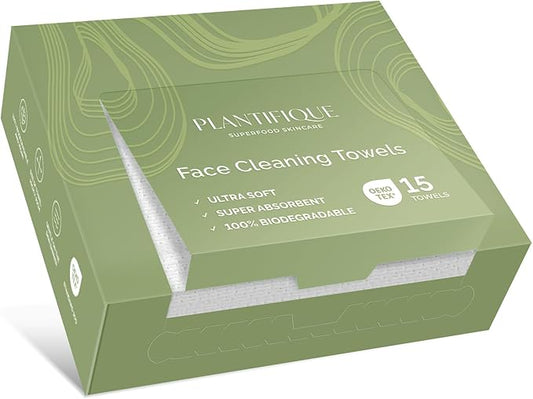 PLANTIFIQUE Disposable Face Towels XL 10"x12" - 100% Biodegradable Viscose Facial Towelettes for Women Skin Care - Face Cleaning Towel 15 Count