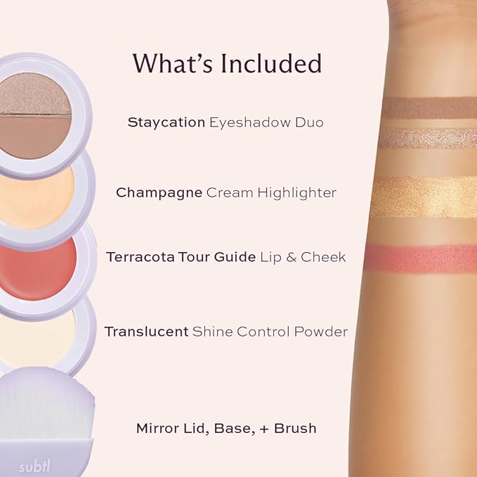Subtl Staks 4-in-1 Travel Makeup Kit by Subtl Beauty - Eyeshadow Duo, Shine Control Powder, Cream Highlighter, Lip and Cheek - Includes Mirror Lid and Mini Brush - Stackable Makeup Designed for Travel