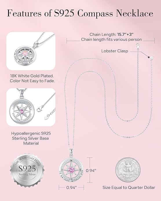 S925 Necklace Gift for Wife |Compass Jewelry |Women Anniversary |Sterling Silver |Girlfriend Birthday Gifts for Her Valentines |I'd be Lost without You |Jewel 18K Gold