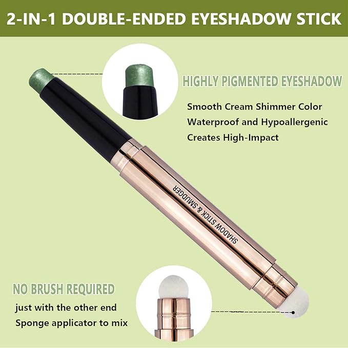 2 in 1 green Eyeshadow stick and Sponge Makeup Brush, Smooth Cream Shimmer Shadow Pencil Long Lasting Waterproof Eye Shadow Highlighter Stick Makeup , Hypoallergenic Eyeshadow, Highlighter Eye Liner