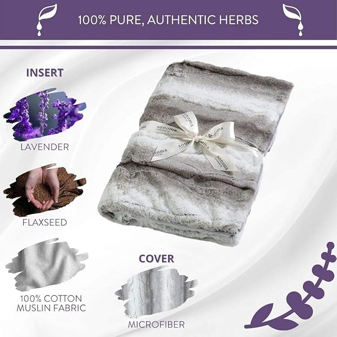 Sonoma Lavender Aromatherapy Spa Blanket Filled with Lavender Flowers and Flaxseed, Hot/Cold Microwaveable Blanket for Soothing Muscles with Removable Washable Cover (44" x 18", Angora Platinum)