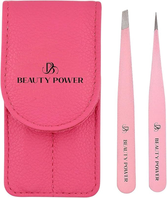 Professional Tweezers Set – Slant & Point, Ultra Precision German Stainless Steel Tweezers for Eyebrows, Chin, Ingrown Hair & Facial Grooming – Lightweight with Travel Case (Pink)