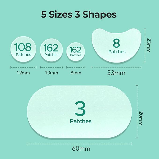 TKTK 443 Count Pimple Patches for Face, Hydrocolloid Acne Patch Bulk, Acne Stickers for Covering Cheeks, Forehead, Chin Blemishes Zit Breakouts for All Skin Types (Dots, Strip, Contoured 5 Sizes)