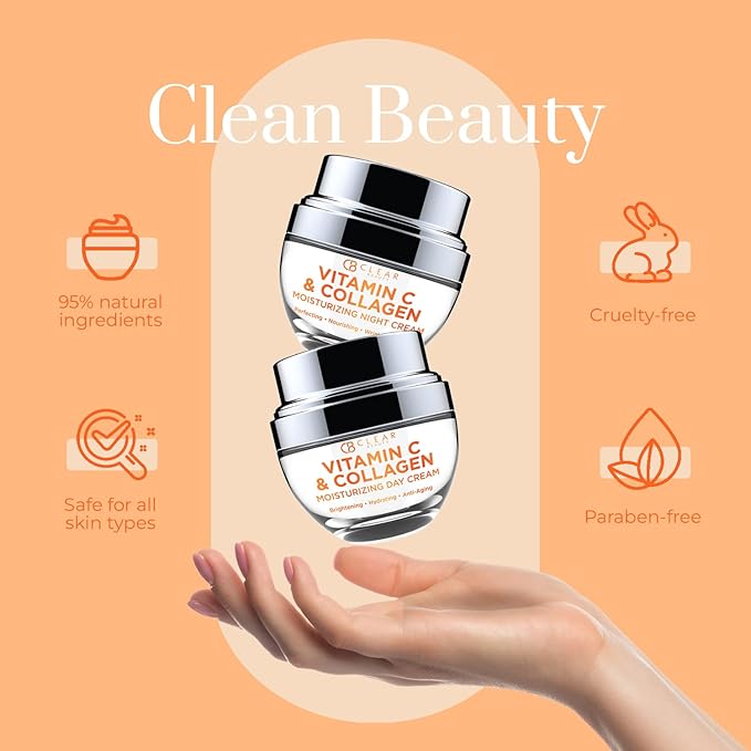 Clear Beauty Vitamin C & Collagen Day/Night Moisturizer - Dermatologist Tested, Restores & Brightens Skin Tone, Hydrating & Firming, Anti-Aging Cream, Cruelty Free Korean Skin Care - 2 Pack