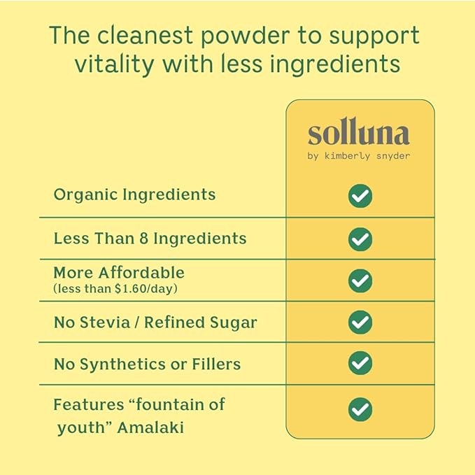 Solluna by Kimberly Snyder Greens Superfood Powder with Spirulina, Cordyceps, Chlorella, Moringa, Ashitaba, Amalaki, Monk Fruit — Vitamins & Minerals for Energy & Mood (30 Serv) Vegan & Non-GMO