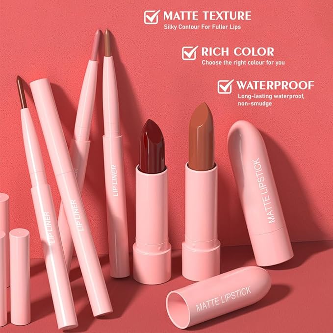 6Pcs 2 in 1 Matte Lipstick Lip Liner Pencil Set,Waterproof Lip Stick Lip liner Combo for Old Women Long Lasting Lipstick Crayon,labiales mate 24 horas originales