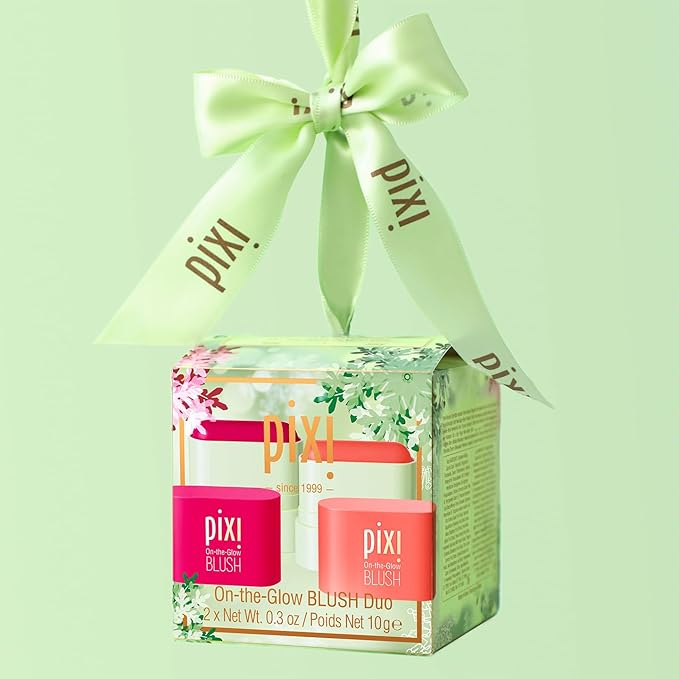 Pixi Beauty On-the-Glow Mini Blush Duo Holiday Ornament Gift Set | 2X Petite Size On-the-Glow Blush Sticks | Shades Ruby and Juicy