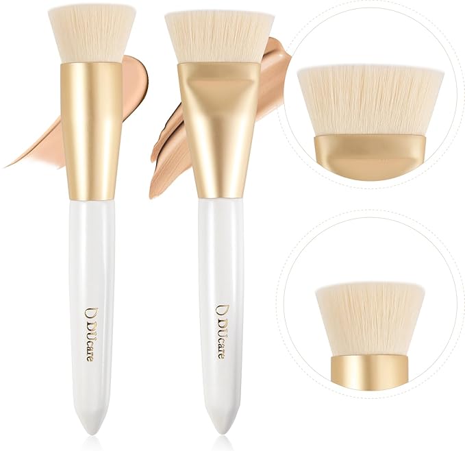 Ducare Foundation Bursh and Contour Brush Makeup Brushes Set 2Pcs, Premium Flat Top Kabuki Contouring Brush For Blending & Buffing Fluffy Large Makeup Brush With Soft Synthetic Bristles