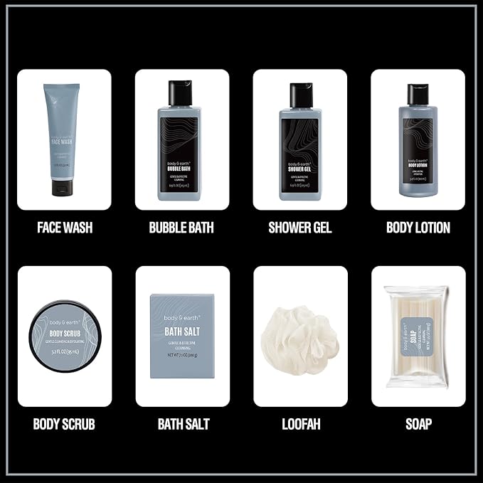 Body & Earth Gift Baskets For Men 8Pcs Full Size Toiletries Travel Bag With Leathers Scent Birthday Christmas Gifts From Wife Daughter Son For Husband Dad