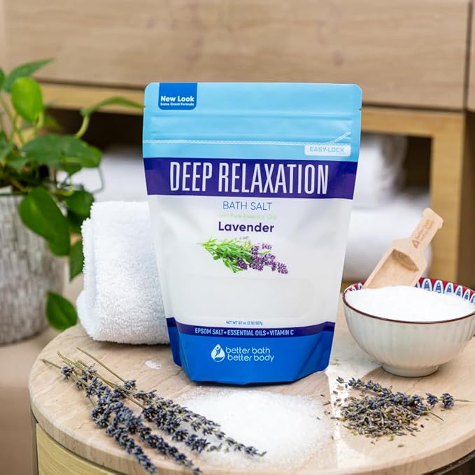 Deep Relaxation Bath Salt 32 Ounces Epsom Salt with Natural Lavender Essential Oil Plus Vitamin C in BPA Free Pouch with Easy Press-Lock Seal