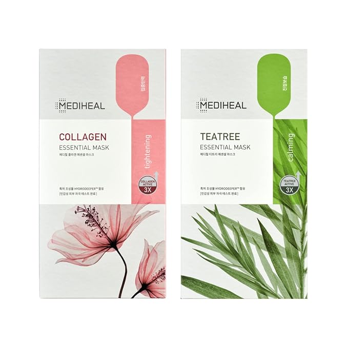 Mediheal Official Best Korean Sheet Mask - Collagen Teatree Essential Face Mask 20 Sheets Lifting Firming Calming Soothing For All Skin Types